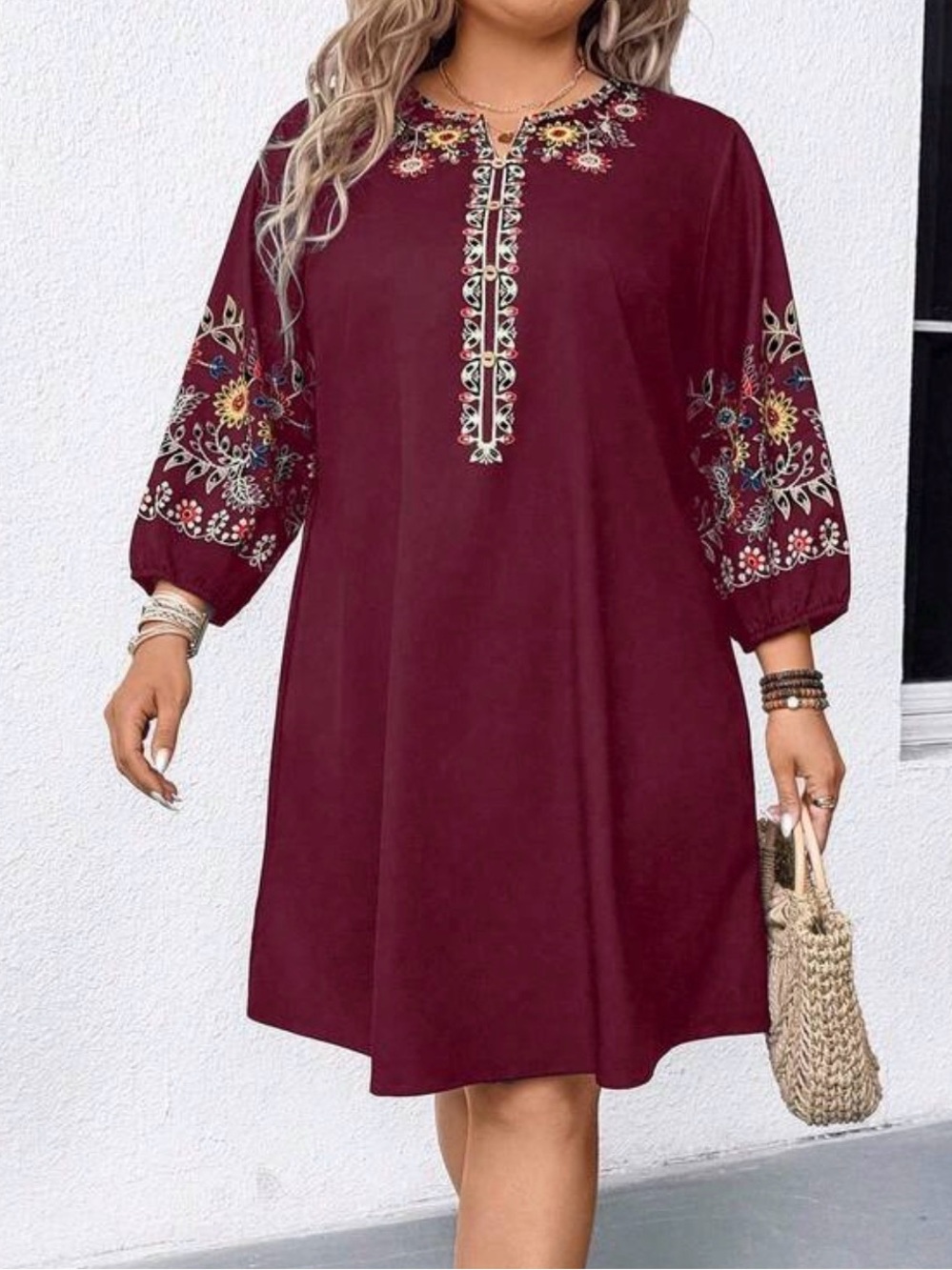 Embroidered Burgundy Tunic Top / Dress - L